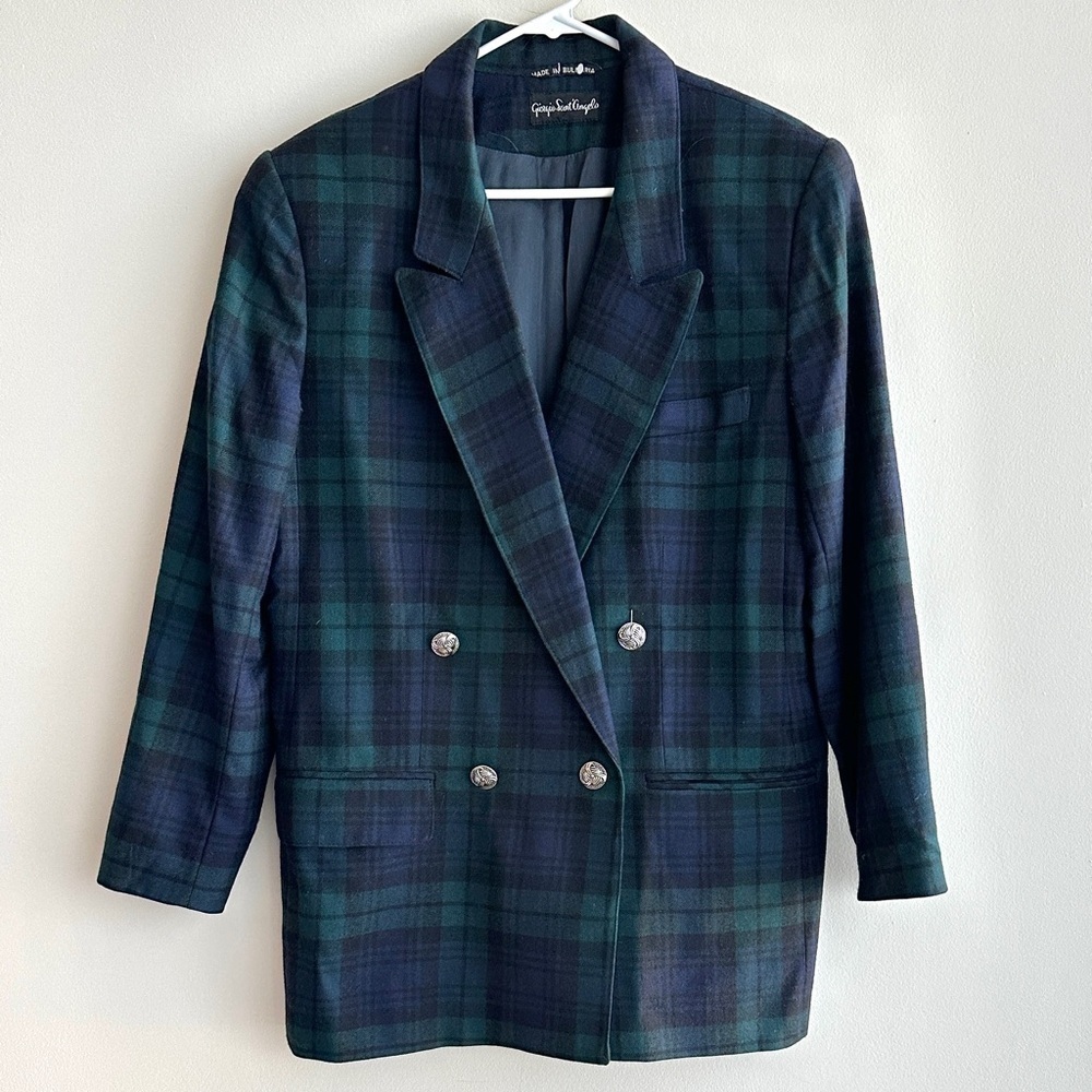 Giorgio Di Sant Angelo 100% Pure Wool Blue and Green Plaid Blazer, Size 14